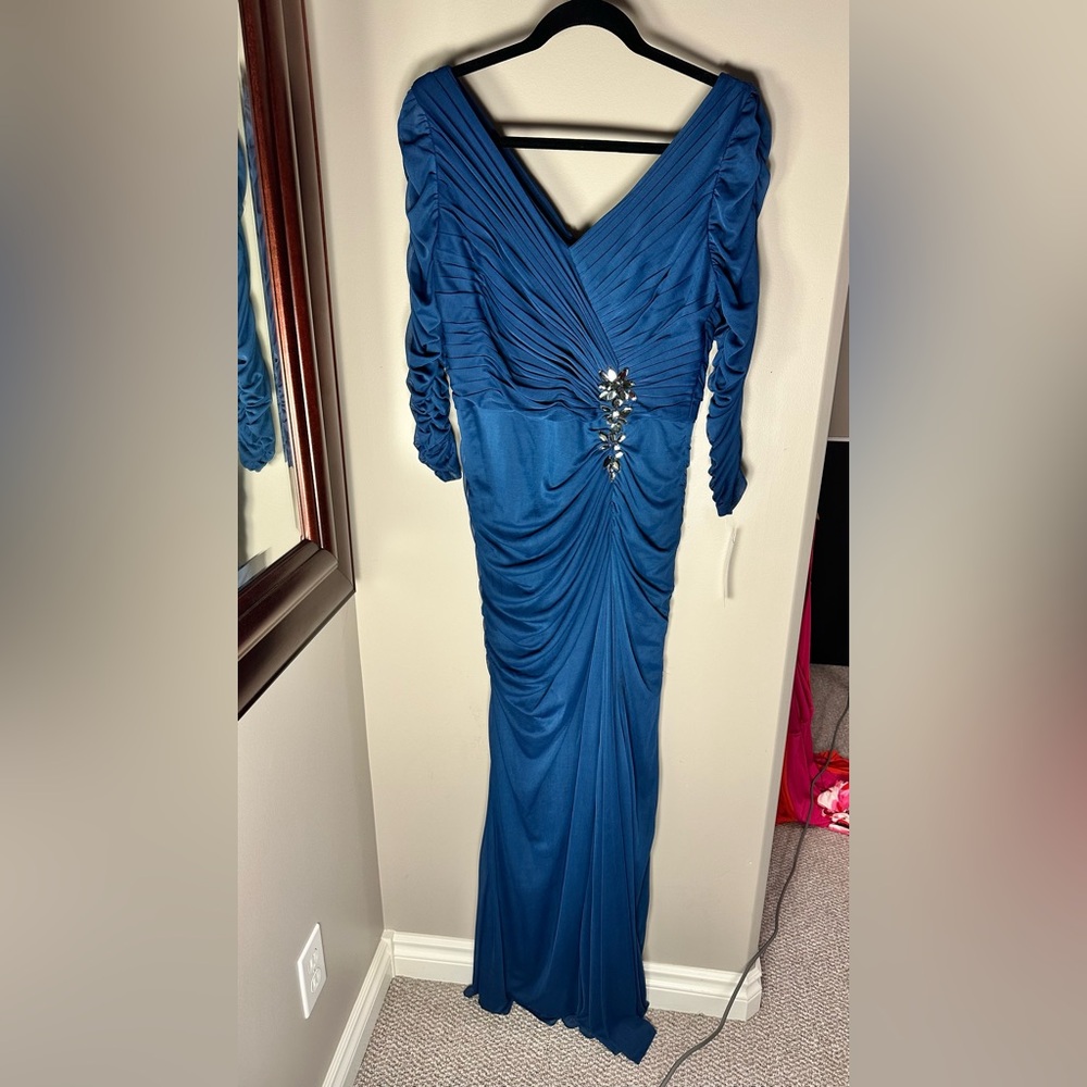 Adrianna Papell Blue Long Sleeve Wrap Gown